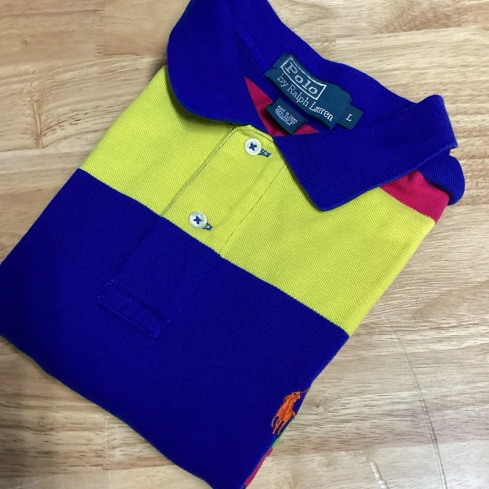 Mens Polo Ralph Lauren Short Sleeve Multi Colored Striped Golf‎ Polo- Large